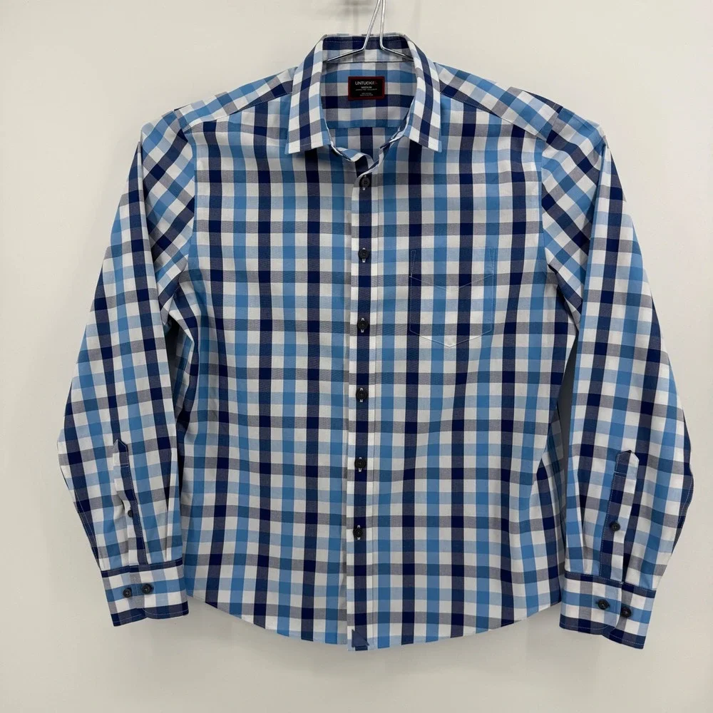 UNTUCKit Button Down Shirt Mens Medium Blue Gingham Cotton Wrinkle Free Regular